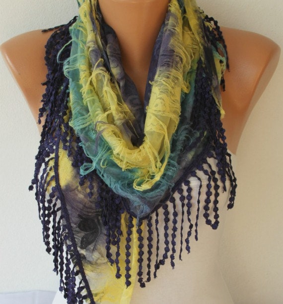 Purple Multicolor Scarf -  Cowl with Lace Edge by Fatwoman