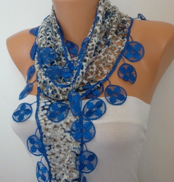 Gray Blue Scarf Shawl Cowl with  Lace Edge
