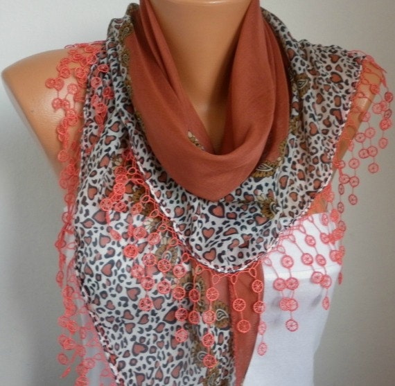 Scarf Shawl - Cotton Weddings Scarves - Cowl with Lace Edge - Burnt Umber