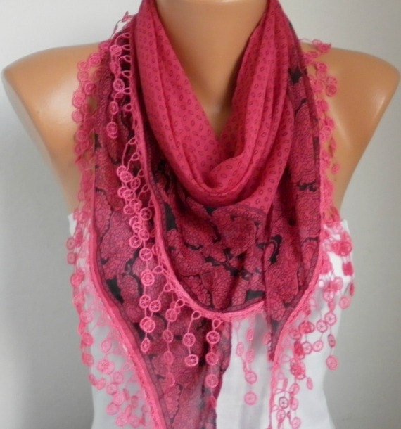 Scarf Shawl - Cotton Weddings Scarves - Cowl with Lace Edge - Ruby