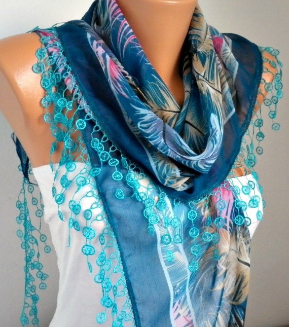 BIG SALE Scarf Shawl - Cotton Weddings Scarves - Cowl with Lace Edge - Blue