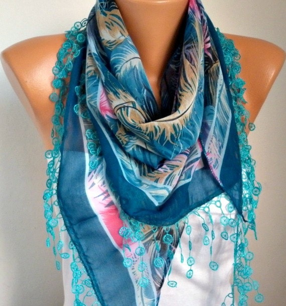 BIG SALE Scarf Shawl - Cotton Weddings Scarves - Cowl with Lace Edge - Blue