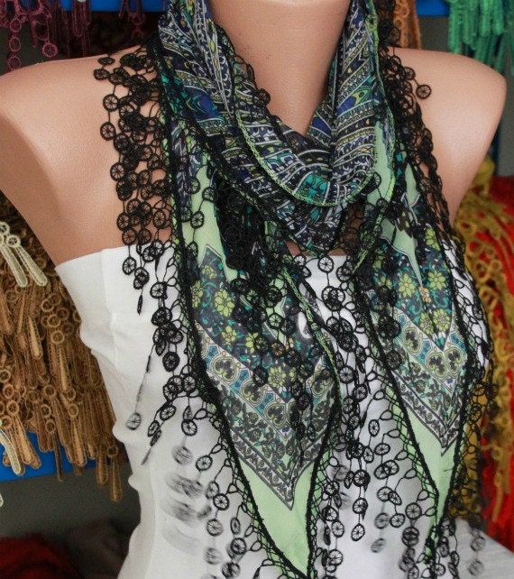 Multicolor Scarf - Cotton Scarf - Cowl with Lace Edge -