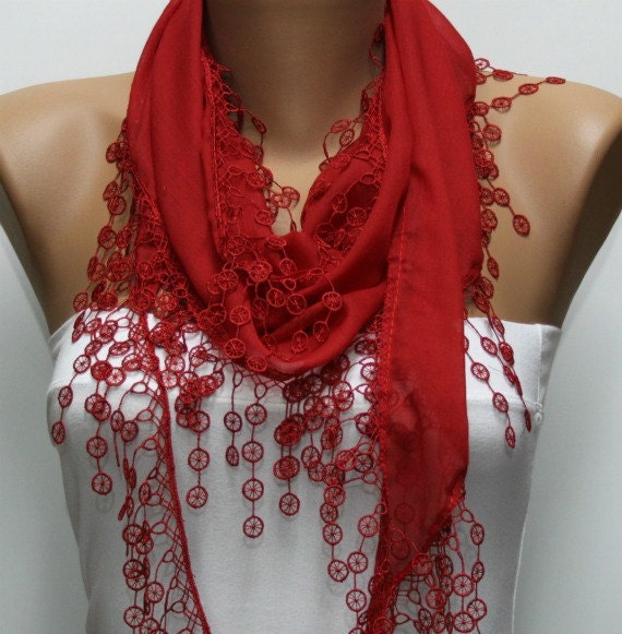 Red Scarf  - Cotton  Scarf -  Cowl Scarf with Lace Edge   - fatwoman