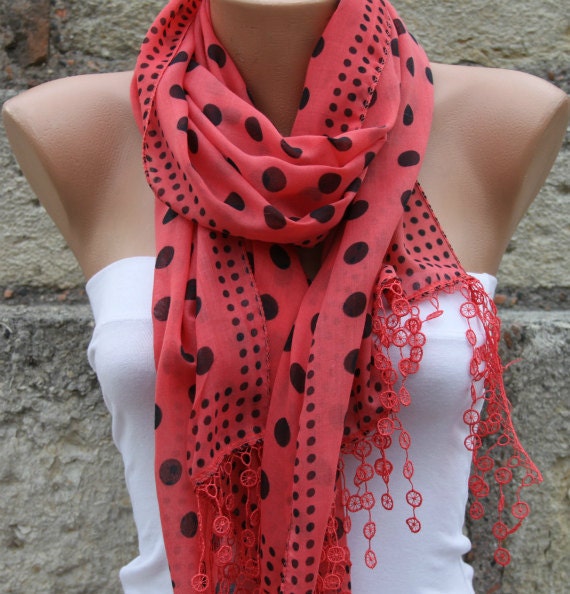 ON SALE - Polka Dot Scarf - Red Scarf - Cotton Scarf Cowl with Lace Edge - fatwoman