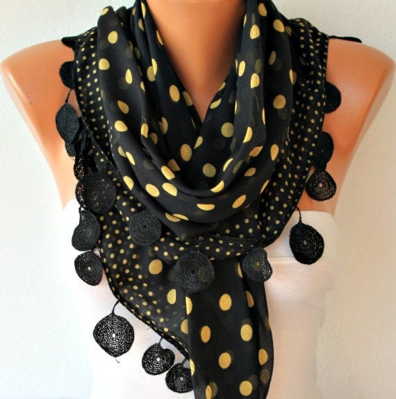 Polka Dot Scarf - Cotton Scarves - Cowl with Lace Edge -black - fatwoman