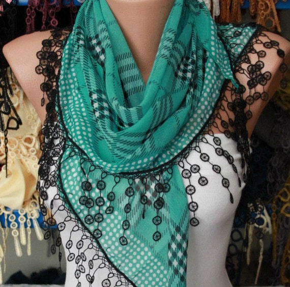 Mint Plaid Scarf - Cotton Scarf Cowl with Lace Edge
