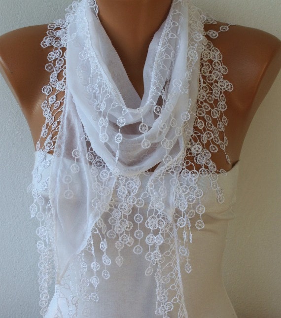 White Scarf Cotton Scarf - Shawl - Cowl Scarf with Lace Edge - White Scarf - fatwoman - Bridesmaids Gifts