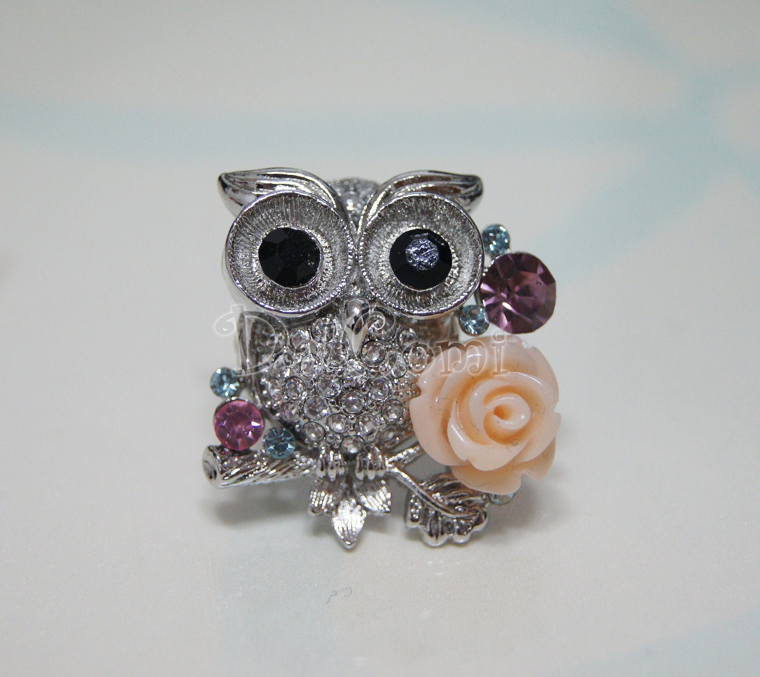 C53-Cute Silver Owl Adjustable Ring