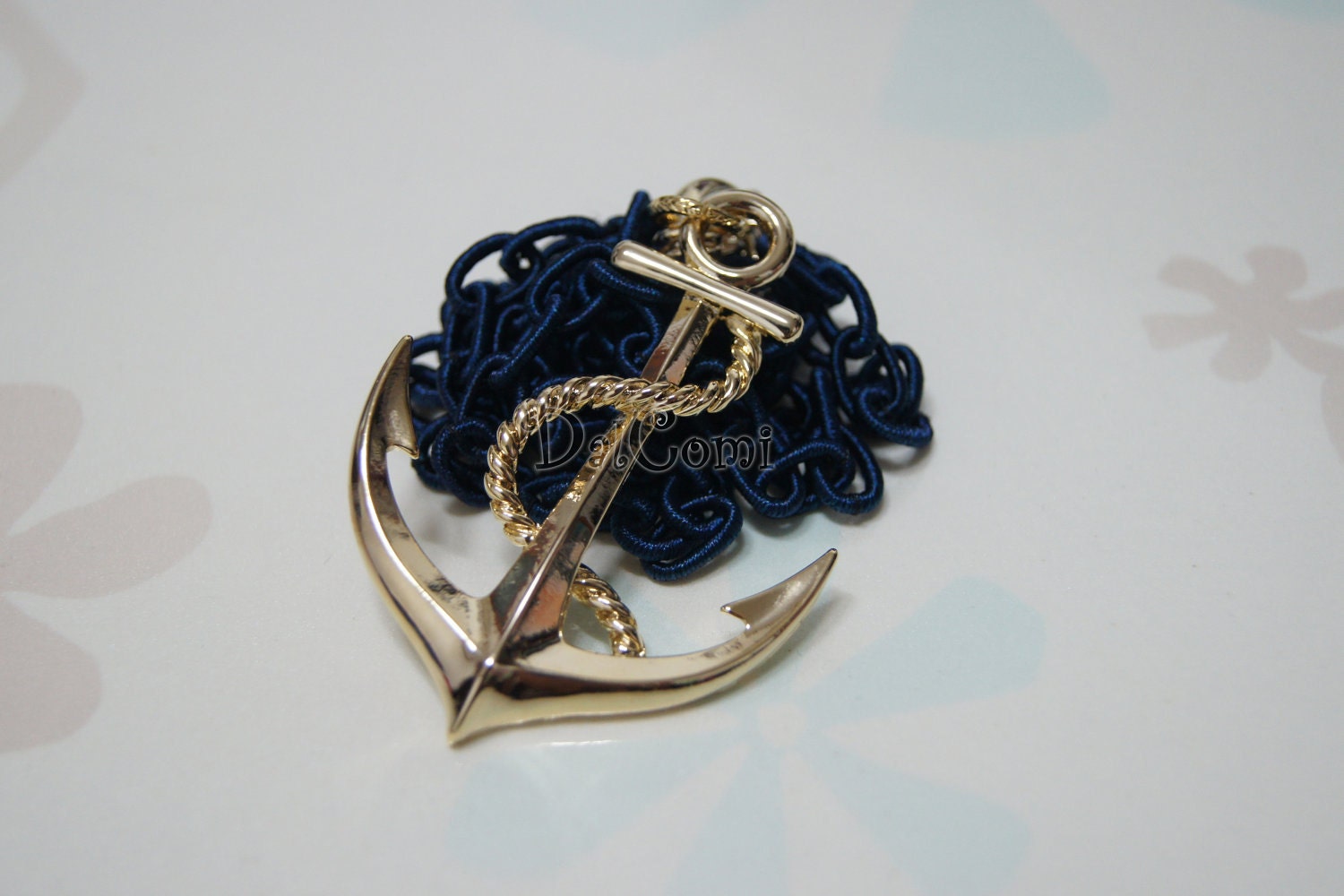 B84-Unique Big Gold-Navy Anchor  Necklace
