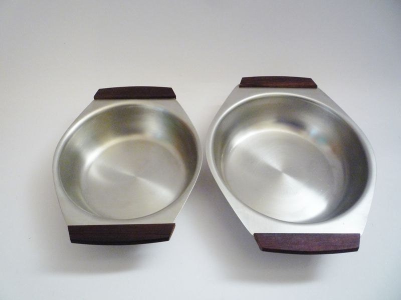 Pair of Vintage Stainless Steel and Teak Dishes