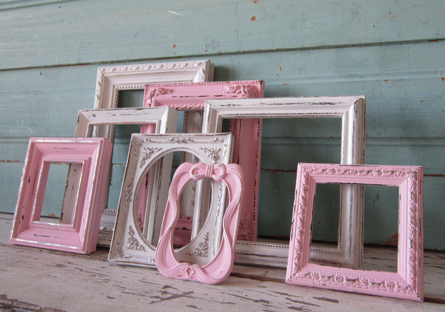 Frame Grouping - Shabby Pink frames - Frame set - Childrens decor - Paris Chic -Shabby Cottage - Beach - French Country