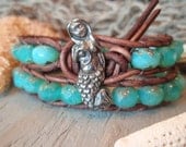 Mermaid leather wrap bracelet -Tahitian Mermaid - distressed leather, aqua chalcedony opal like czech glass, seafoam green, boho beach wrap