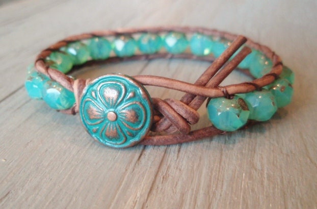 Leather wrap bracelet "Shabby Seafoam" distressed brown leather, copper clover, aqua chalcedony sea opal, boho beach chic
