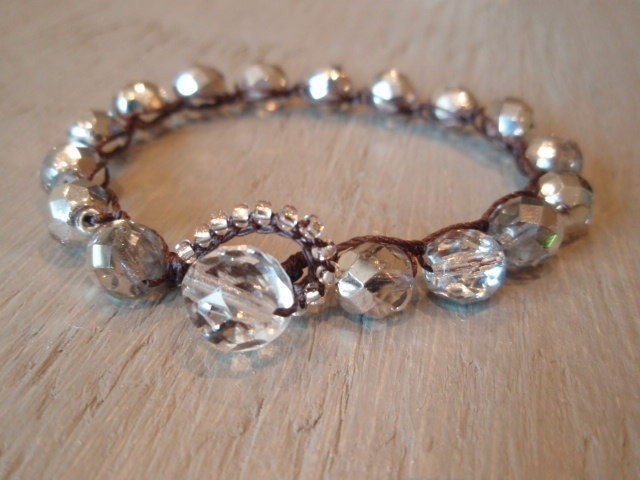 Silver beaded crochet bracelet - slashKnots Stackers "Metallic Silver Crystal" czech glass bohemian jewelry, friendship stack bracelet, boho