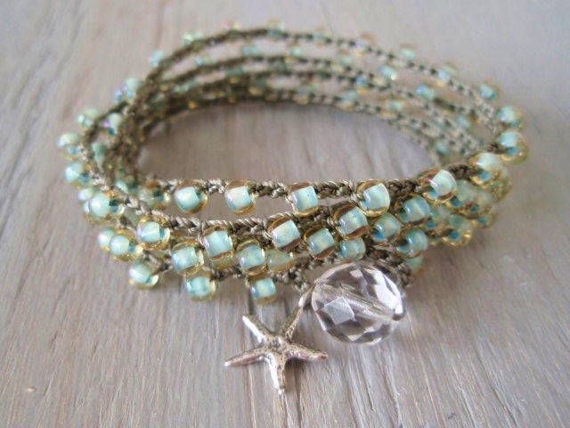 Seafoam crochet wrap bracelet necklace "Malibu Star", sterling silver starfish dangle, olive green, pale mint, surfer chic beach boho