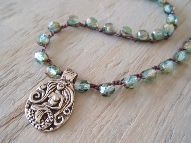 Mermaid crochet necklace - Mermaid Wisdom - aquamarine, blue green, artisan reversible, nautical beach boho, summer