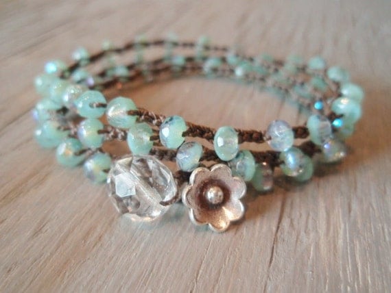 Boho beaded crochet necklace / 3x bracelet / 2x anklet - Laguna Beach - Thai Silver, bohemian, seafoam green, Shabby surfer chic, summer