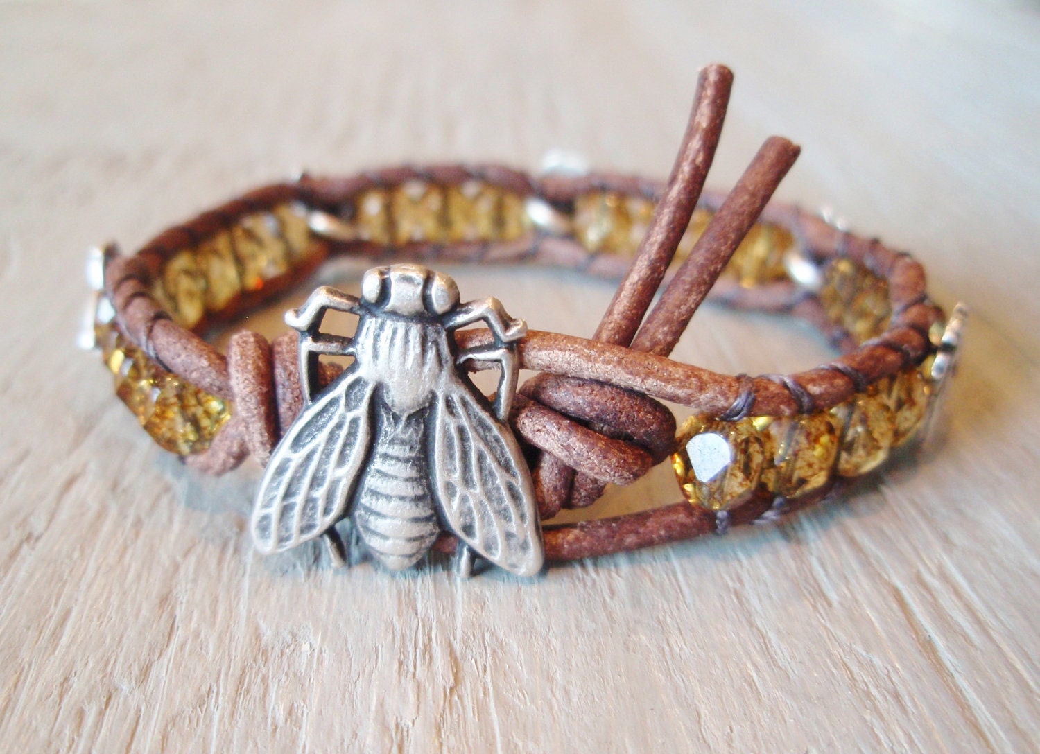 Leather bracelet 'Like Bees to Honey', amber tortoise, honey bee, rustic silver, distressed brown leather, nature lover, fall boho chic