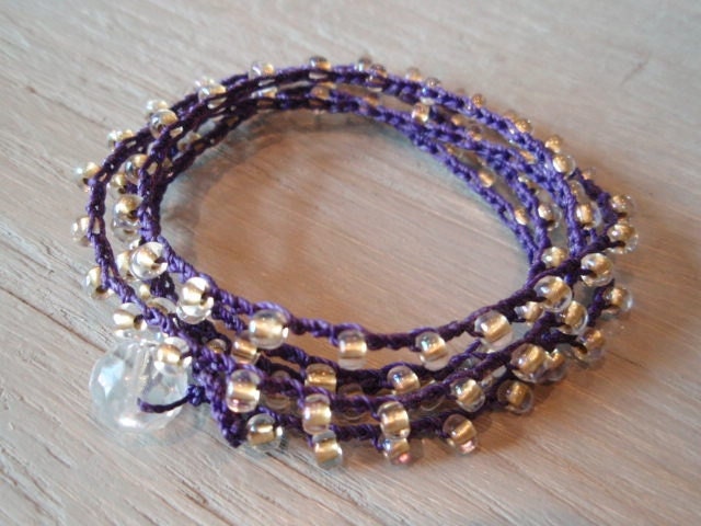 Beaded crochet wrap necklace bracelet SunDrops "Starry Night" long multi wrap bohemian jewelry, purple, gold, boho chic, on SALE