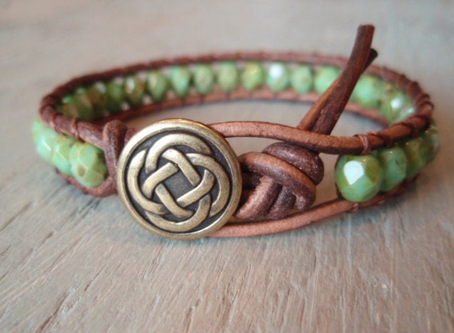 Beaded leather wrap bracelet - Celtic Pride- brown leather & czech glass single wrap bracelet green turquoise, Scottish, celtic knot jewelry
