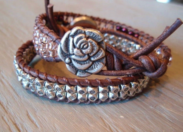 Beaded leather bracelet "RoseBud", Shabby Southwest chic, pink, rose, bohemian friendship bracelet, stack and layer, OOAK