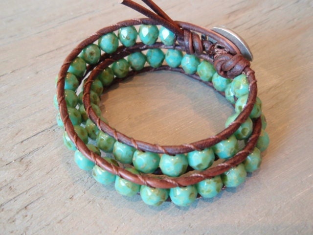 Bohemian leather wrap bracelet - green turquoise, silver, "Rustic Baby Elephant" distressed brown leather, good luck charm, lucky boho chic