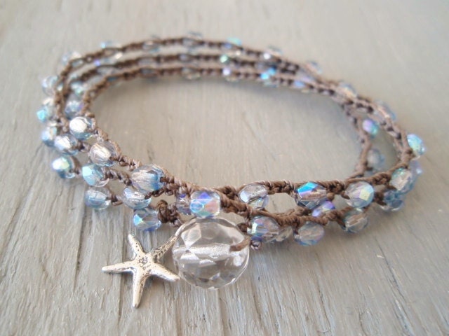 Surfer chic crochet 3x wrap bracelet necklace 2x anklet "Twinkle Star" iridescent blue, Sterling silver starfish, winter beach bohemian
