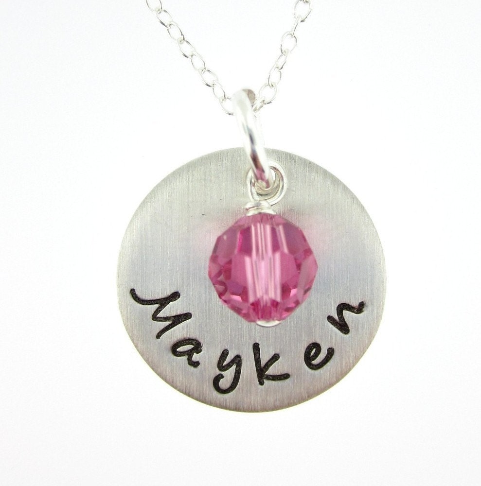 Hand Stamped One name charm necklace with Birthstone