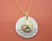 Breeze - Hand Stamped One name Domed 14K Gold Filled Disc Charm Necklace with  Sterling Silver Puffed Heart Charm