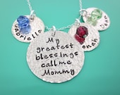 Blessings- Personalized Hand Stamped Three names Charm Necklace with Birthstone