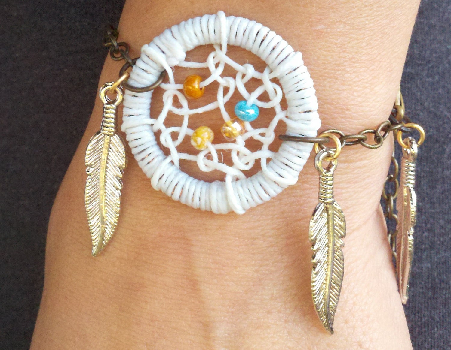 White Dream Catcher Bracelet with Feathers