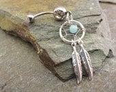 Amazonite Dream Catcher Belly Button Ring Silver Feather Belly Jewelry Soothing Stone