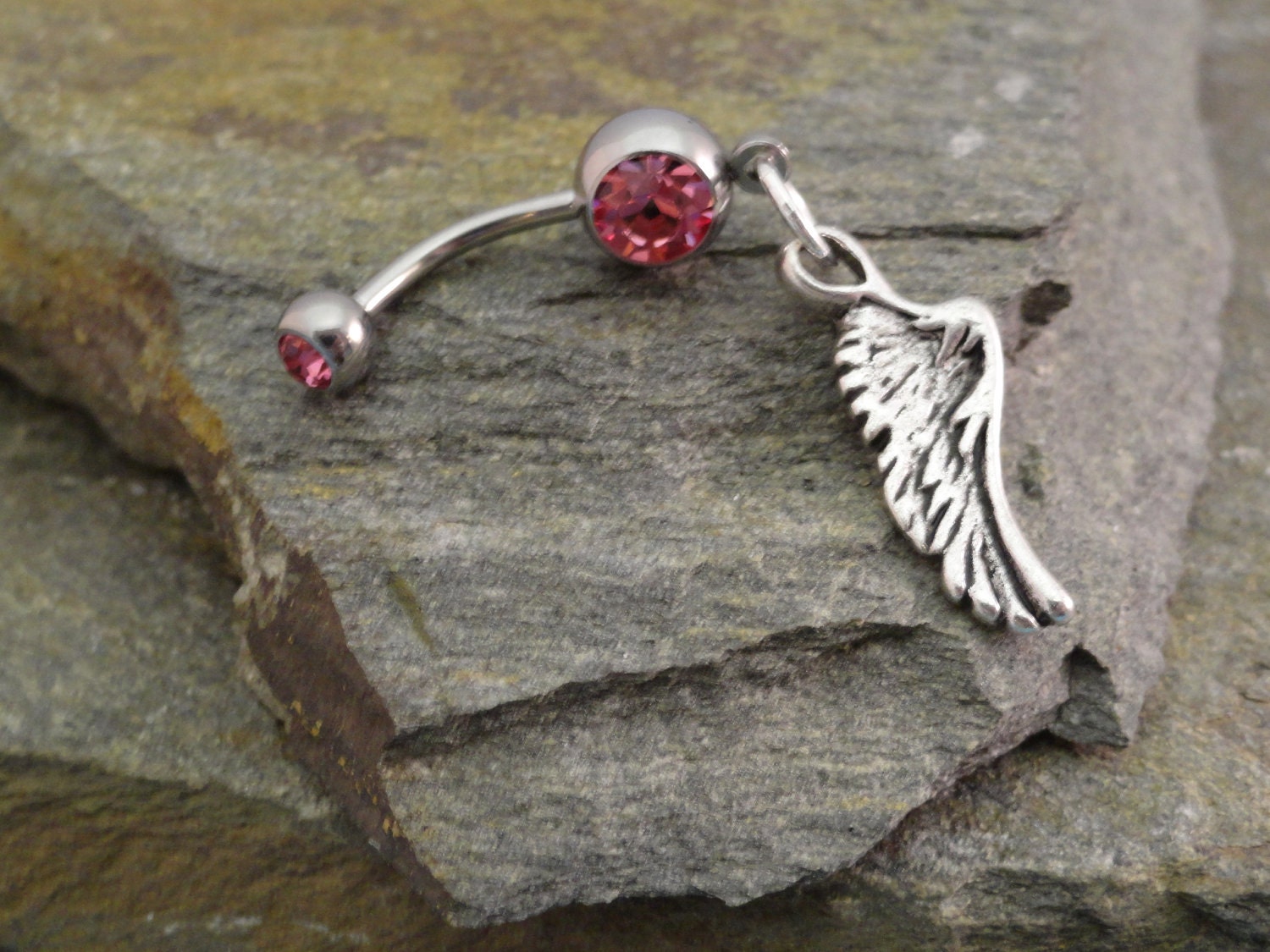 Belly Button Ring, Silver Feather Angel Wing Barbell Navel Piercing