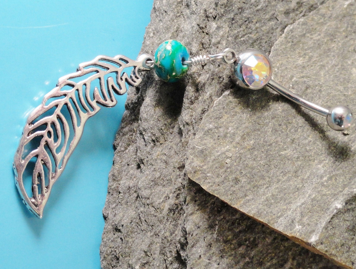 Feather Belly Button Ring with Green Jasper, Silver Feather Barbell Navel Piercing