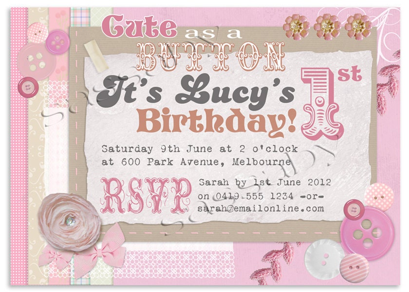 Cute as a Button Girls Birthday Party Invitation - DIY PRINTABLE FILE Il_570xn