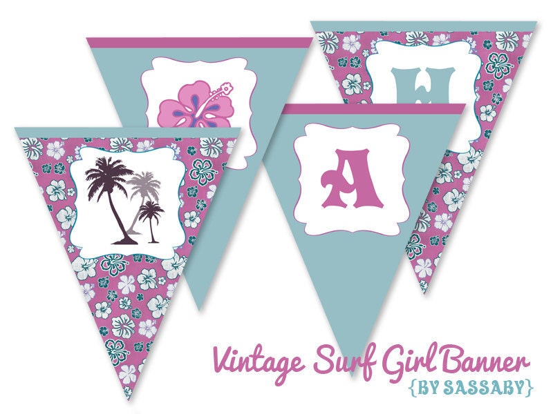 Party Banner Vintage Surfer Girl - Girls Birthday Decoration - DIY PRINTABLE FILE by Sassaby Il_570xn