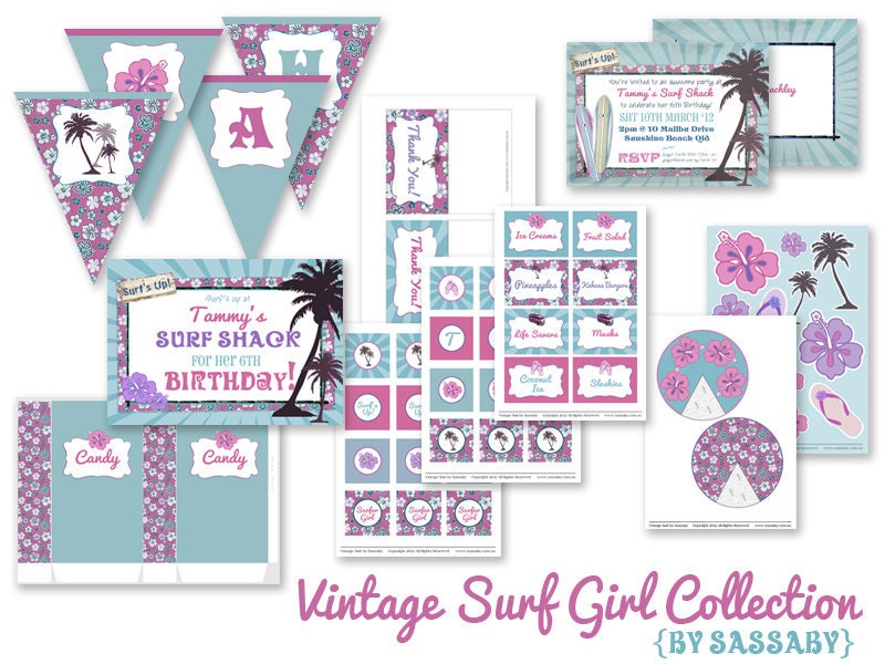 Vintage Surfer Girl Party Collection - Girls Birthday Party - DIY PRINTABLE FILES by Sassaby Il_570xn