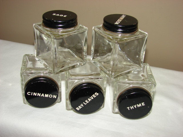 Vintage Spice Jars with Black Metal Screw-on Lids Square Spice Bottles