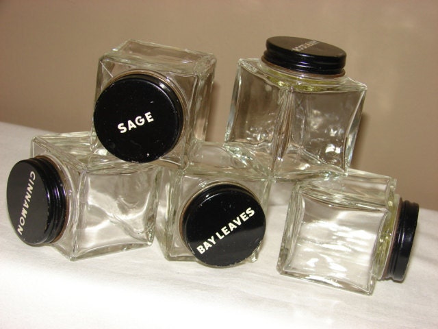 Vintage Spice Jars with Black Metal Screw-on Lids Square Spice Bottles