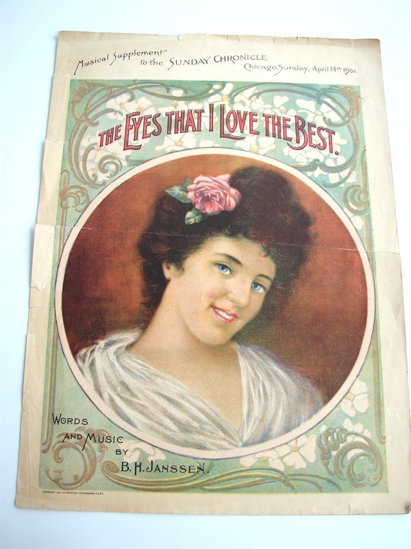 Vintage / Antique The Eyes That I Love the Best Original Sheet Music from 1901 - Perfect as is or for altered art, mixed media, collage