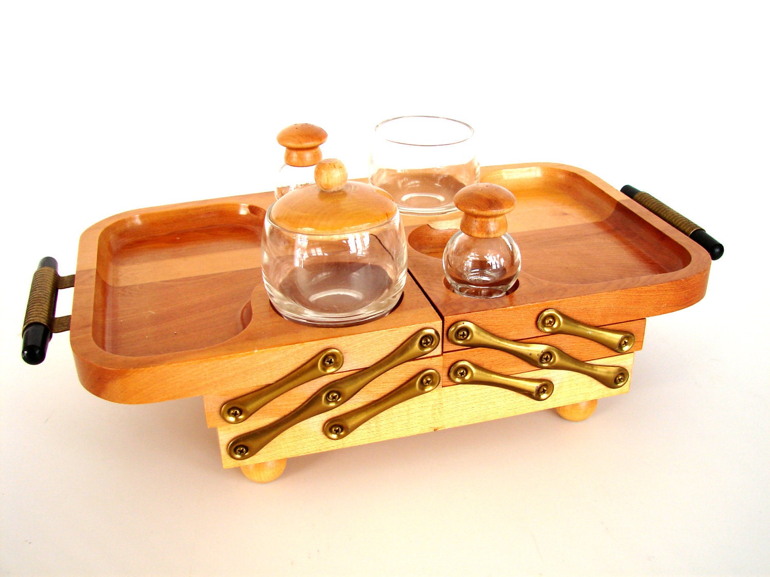 Vintage Karoff Foldable / Expandable Wood Serving Tray with Glass Condiment Containers - Perfect for parties, game night, and more