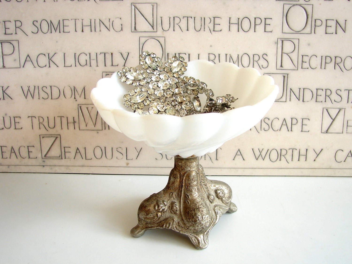 Vintage Milk Glass Bowl / Vase on Ornate Metal Pedestal - Trinket Storage, Vase, Home Decor, and more