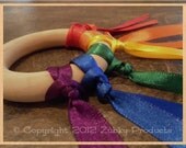Zúbky Teething Ring Teether Toy for Baby with Satin Rainbow Ribbon Embellishment "Rainbow Connection"