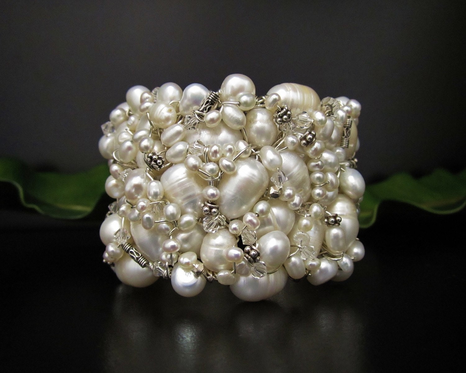 Bridal Cuff in Pearl Sterling Wire & Bali Beads - Couture Bracelet by Sharona Nissan (Ready to ship)