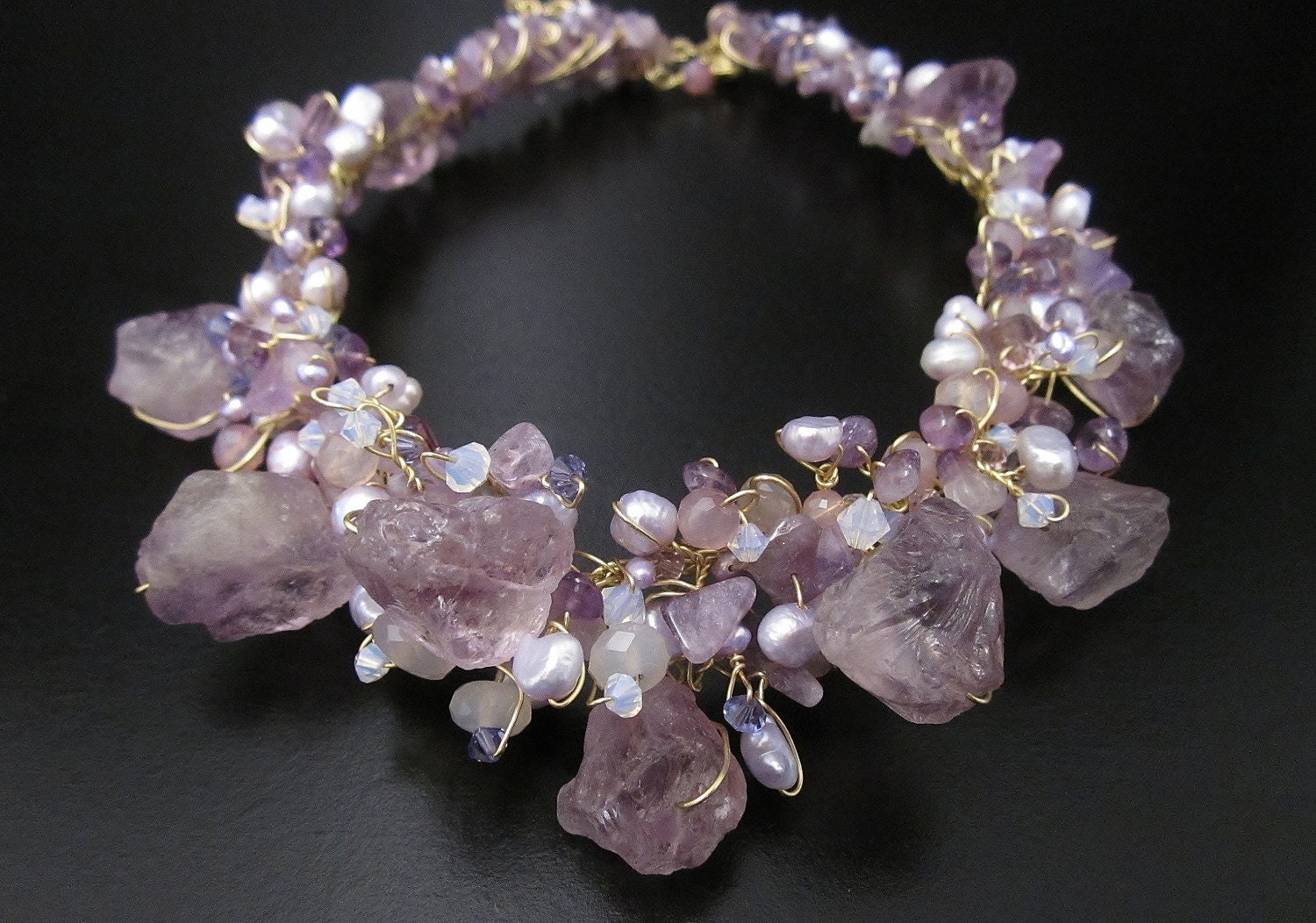 Chunky Bib Necklace in Amethyst - Wire Wrapped Jewelry by Sharona Nissan