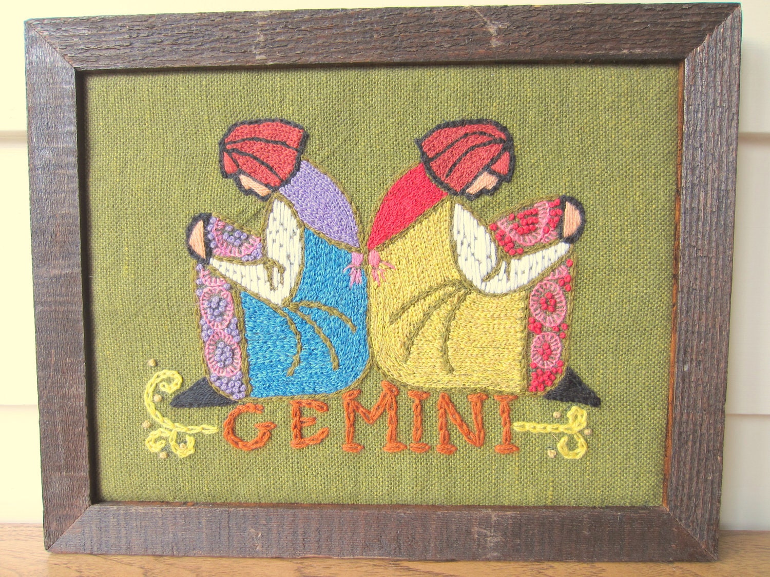 Happy Birthday.  Gemini crewel embroidery picture.  Custom made wood frame.  Zodiac art.