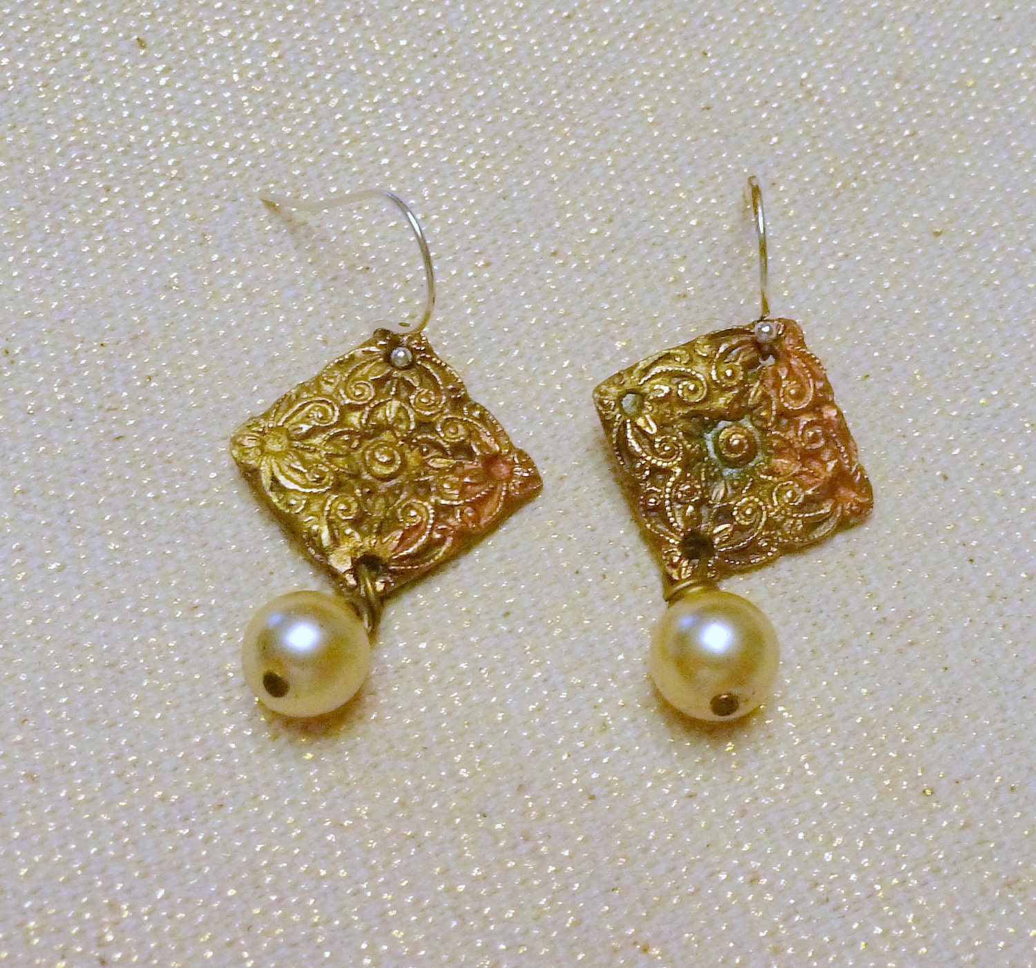Handcrafted Copper PMC and Freshwater Pearl Earrings