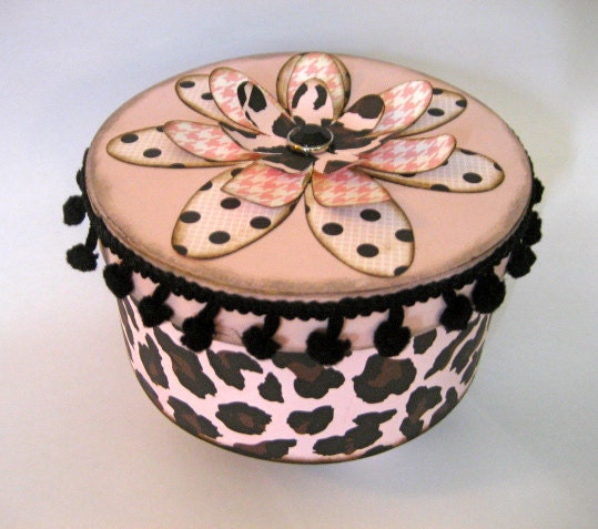 Small Round Paper Mache Black and LIght Pink Leopard Design Keepsake Box