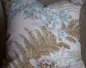 Decorative Pillow Taupe/Blue Shabby Chic Linen Lined Large Floral 18 X 18